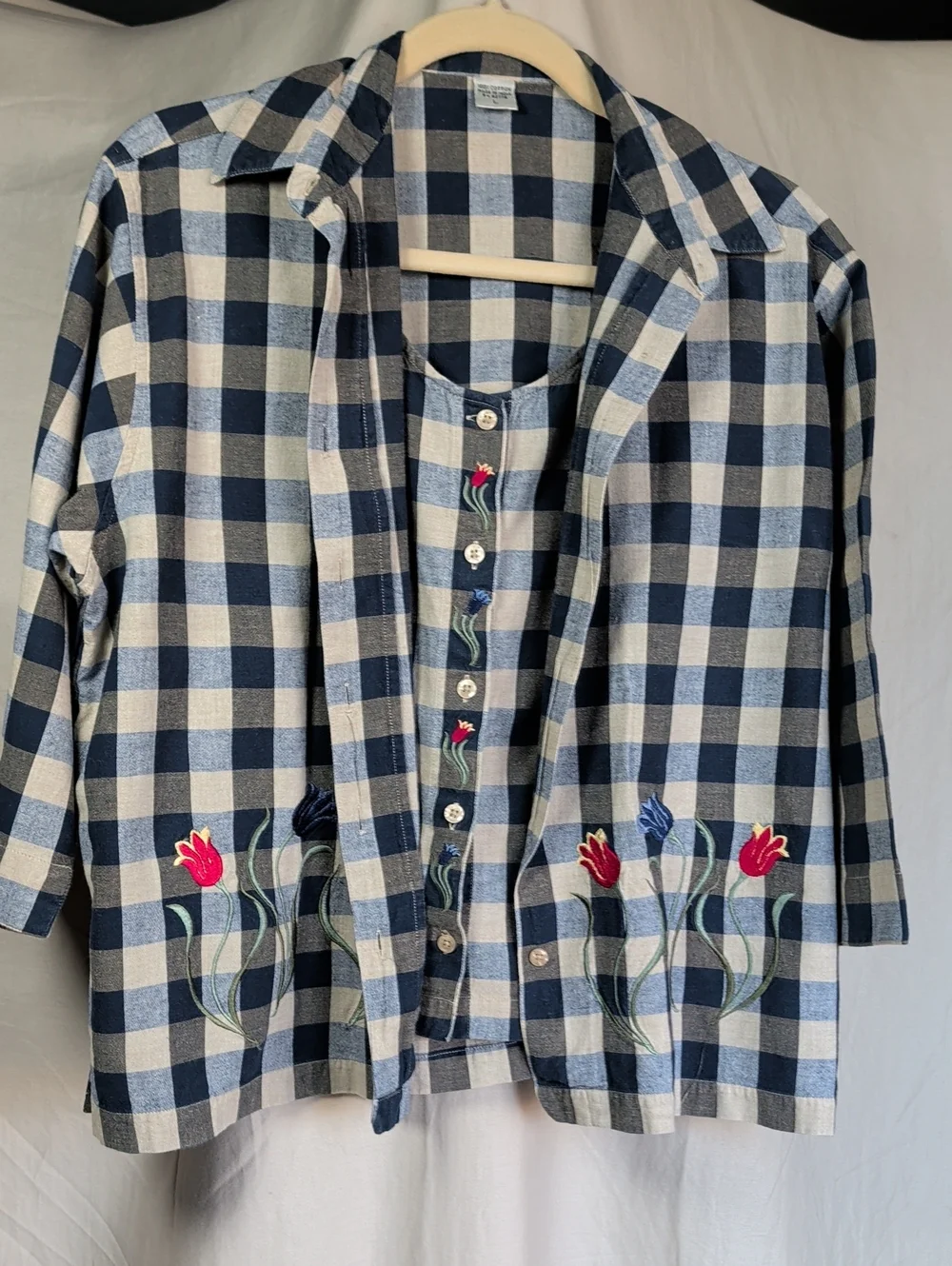Embroidered Blue & White Gingham Button Shirt Set Grannycore Leisure Wear